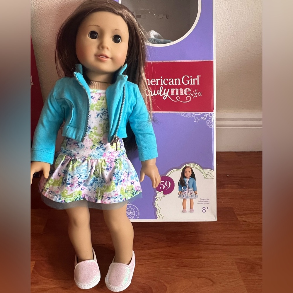 American Girl Doll Blue Jacket Floral Dress Earrings Truly in Box